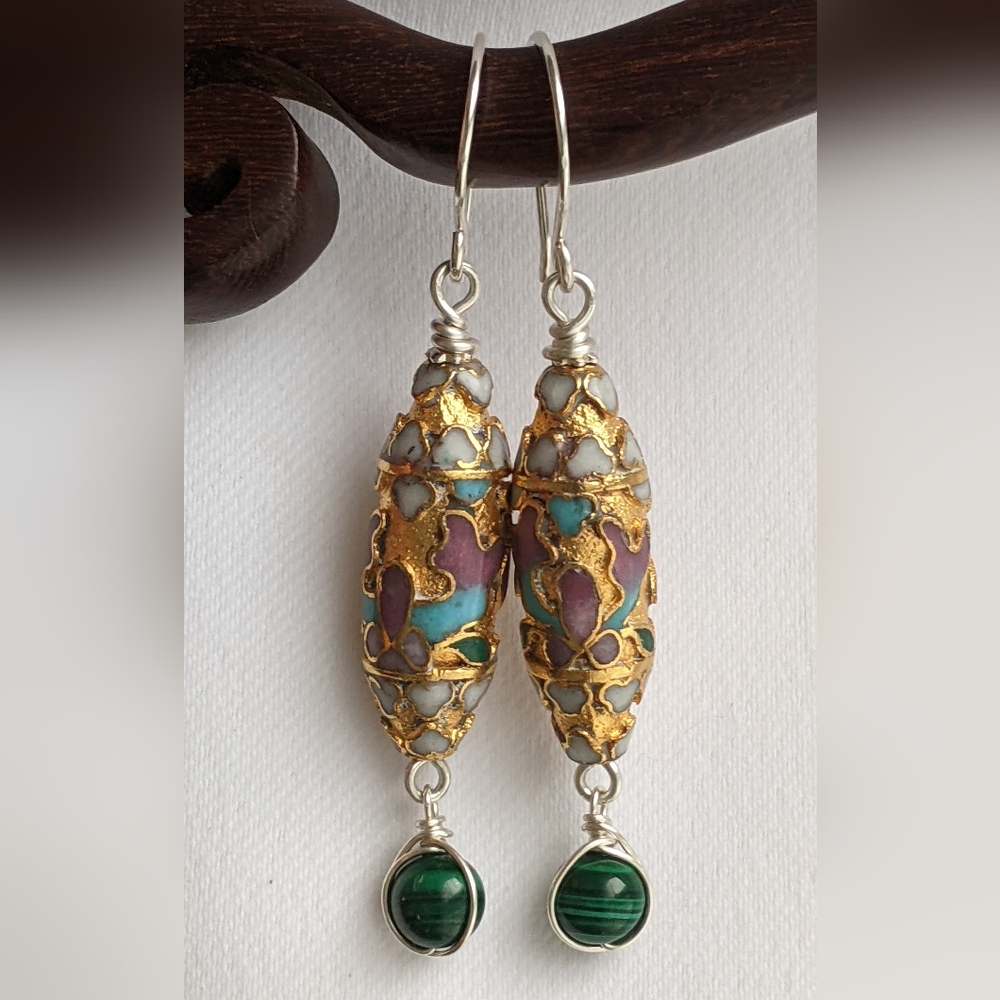Authentic Vintage Cloisonne Earrings Sterling Silver Gold Toned with Malachite - Picture 2 of 12